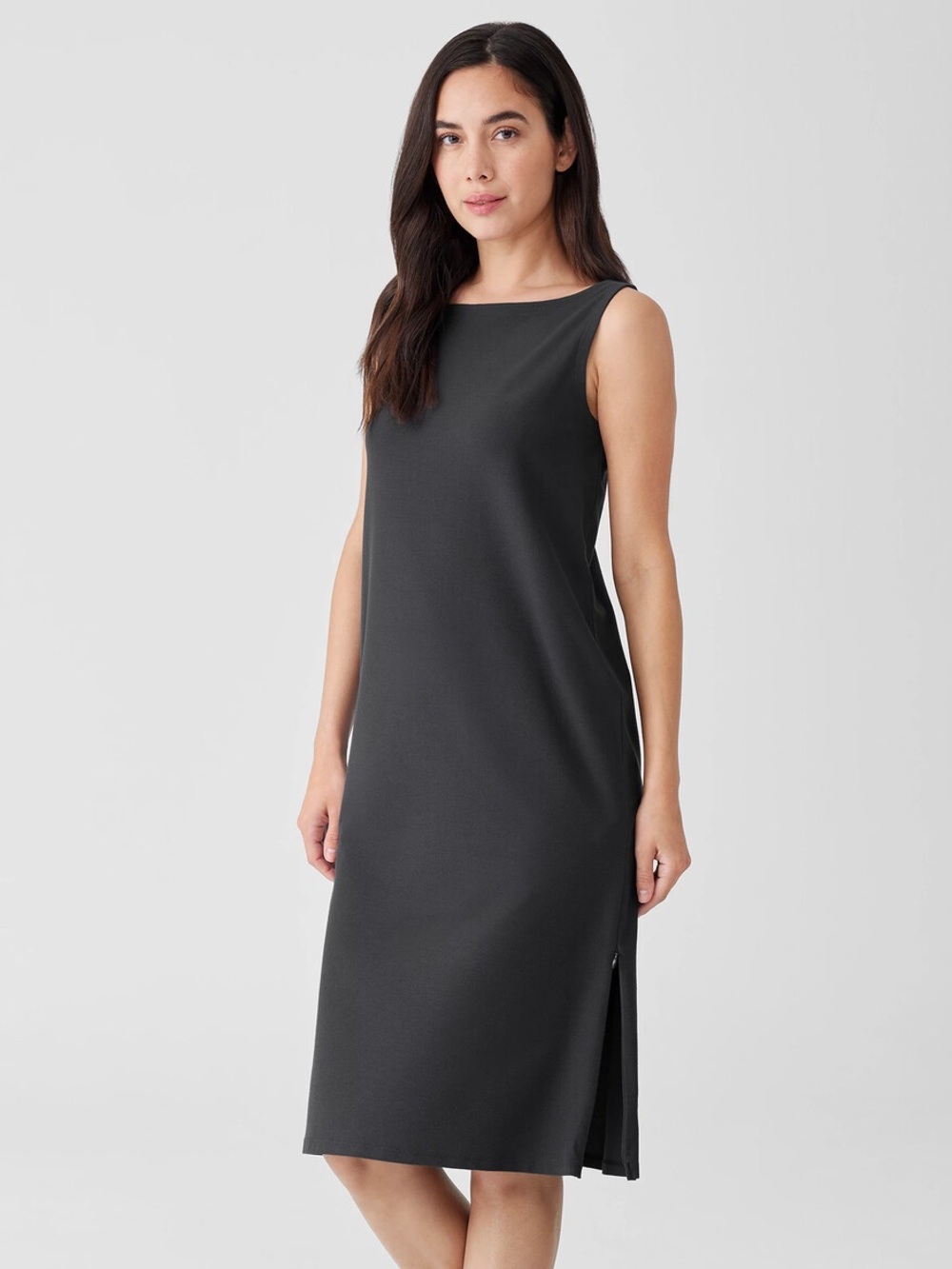 EILEEN FISHER NWT 1X Washable Stretch Crepe Bateau Neck Dress in Graphite Grey